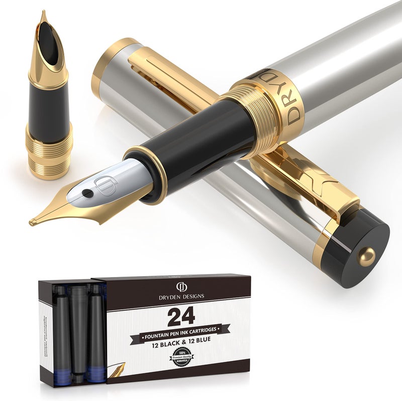 Dryden Designs Fountain Pen - Medium and Fine Nibs - Metallic Silver - Includes 24 Ink Cartridges - 12 Black and 12 Blue. - Image 1